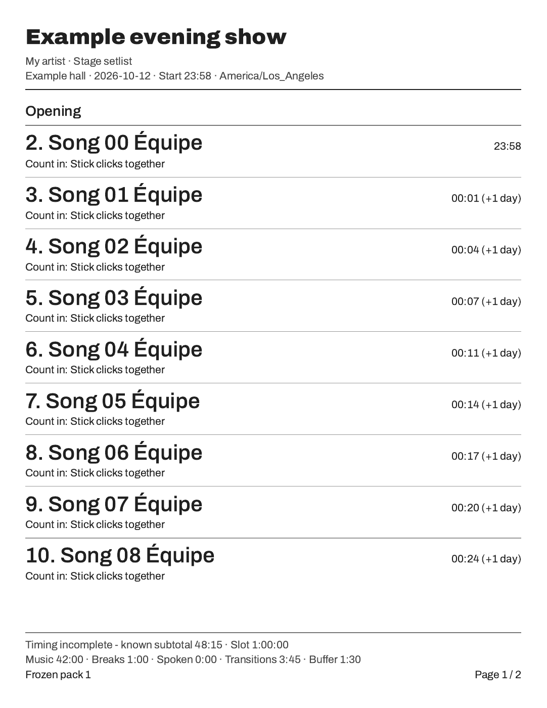 Actual stage setlist print from a frozen example show pack, with song cues and running time