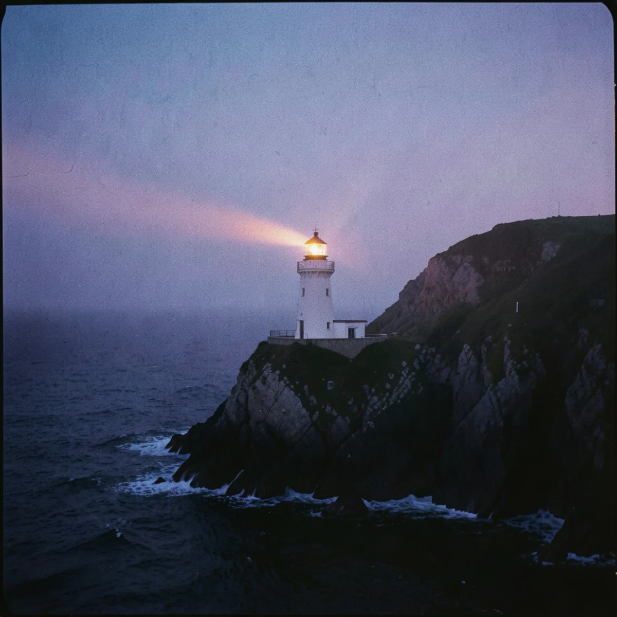 AI-generated album artwork of a lighthouse above the ocean in violet dusk light