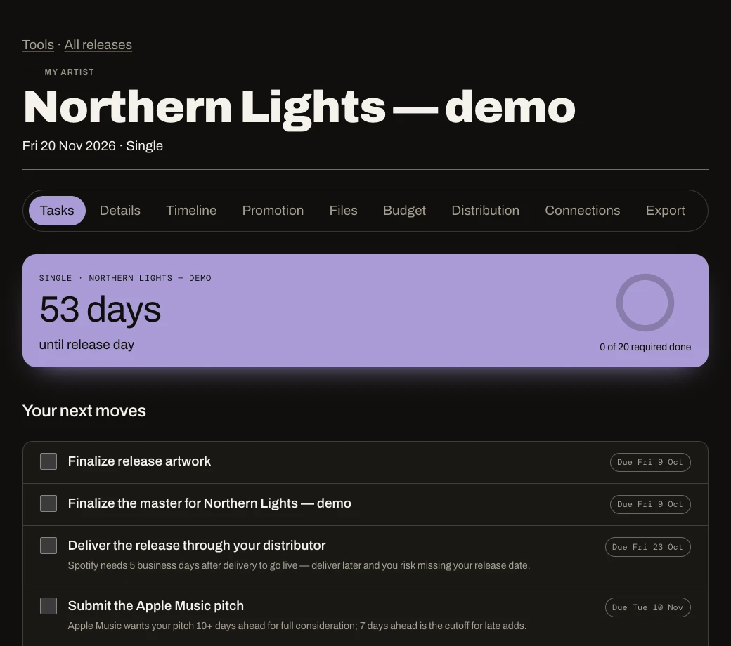 Music release planner showing a demo single, release countdown and dated preparation tasks